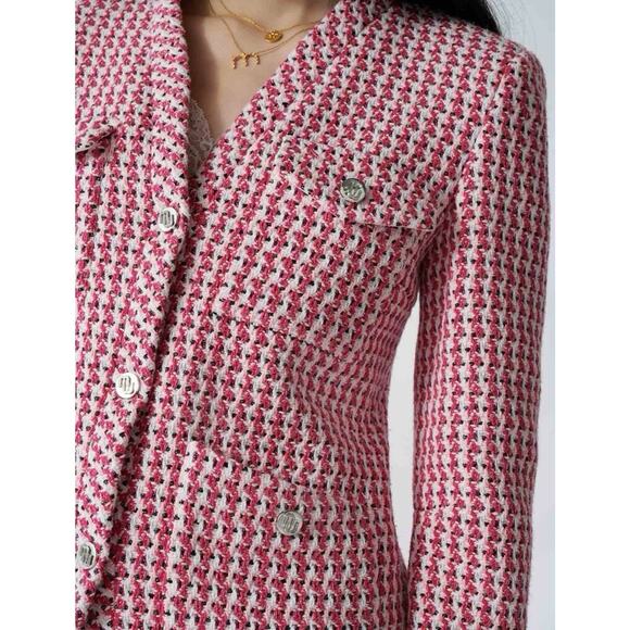 Maje Vyza Fuchsia & Wine Paris Tweed Jacket Metal Buttons Snaps size 6/8 - Picture 1 of 11